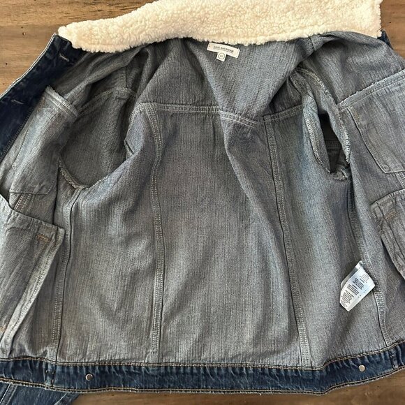 Good American Womens Trucker Blue Jacket Boyfriend Denim Sherpa Collar Size 0/1 - Picture 5 of 15